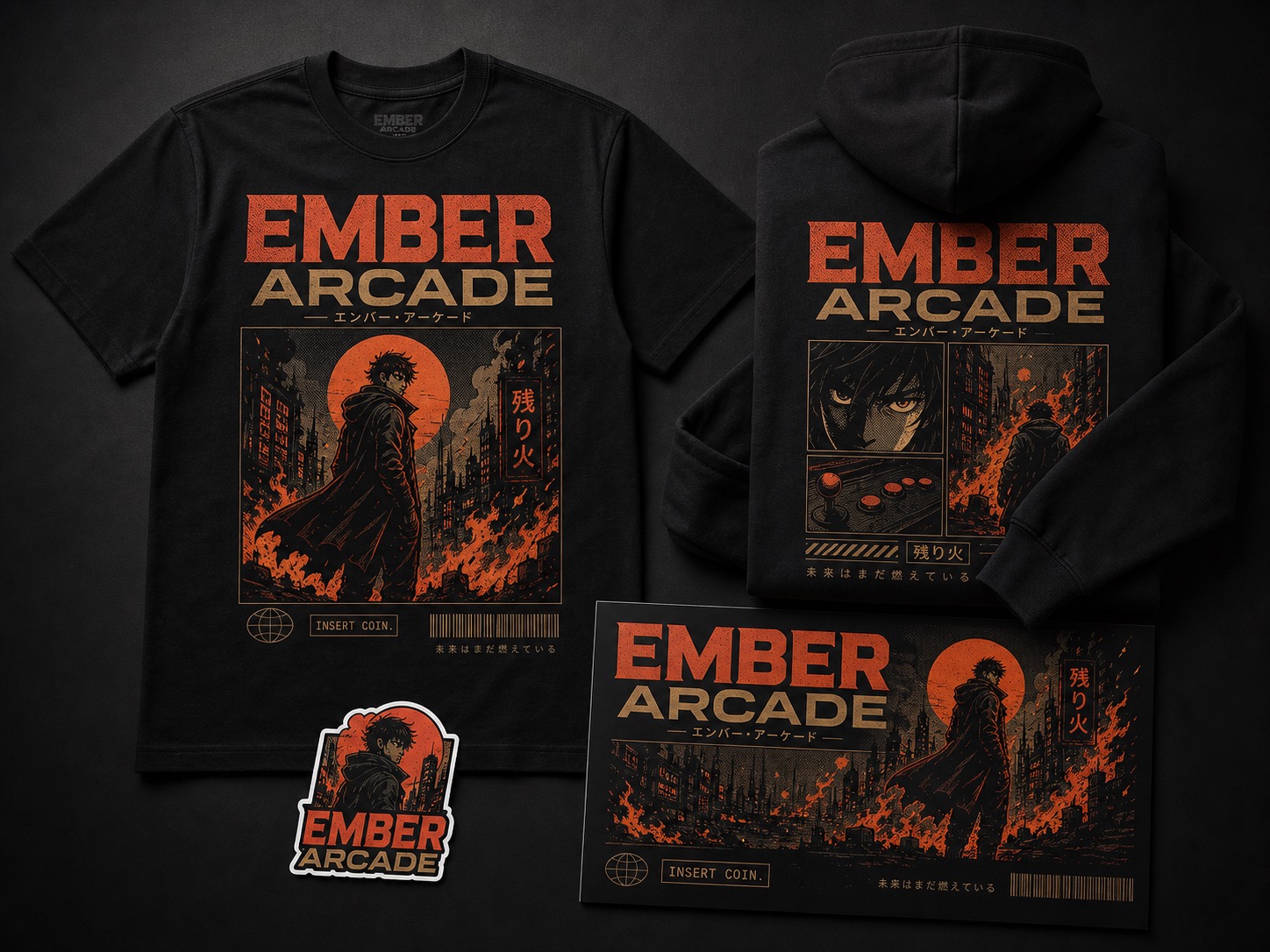 Ember Arcade comic art translated into merch mockups