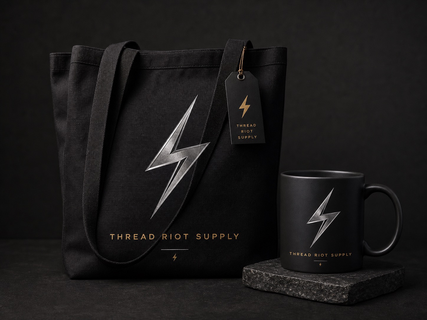 Thread Riot Supply tote and mug lifestyle mockup